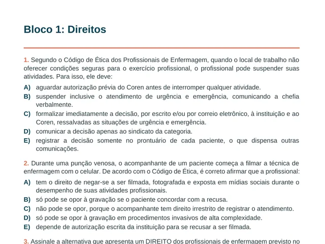 Trecho de uma página do Bônus 3: questões do bloco Direitos, no estilo de concurso, sem o gabarito.